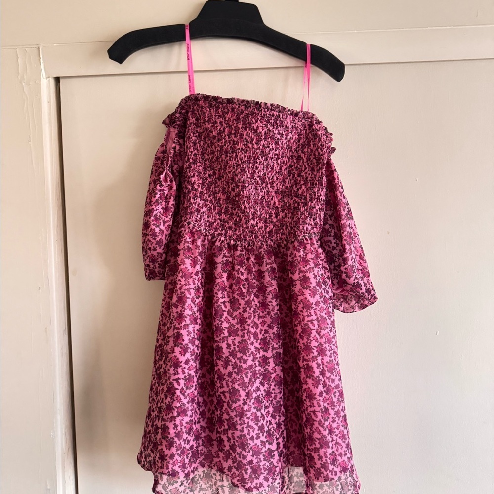 Betsey Johnson Pink Floral Puff Sleeve Smocked Mini Dress size Lg whimsical - Picture 3 of 10